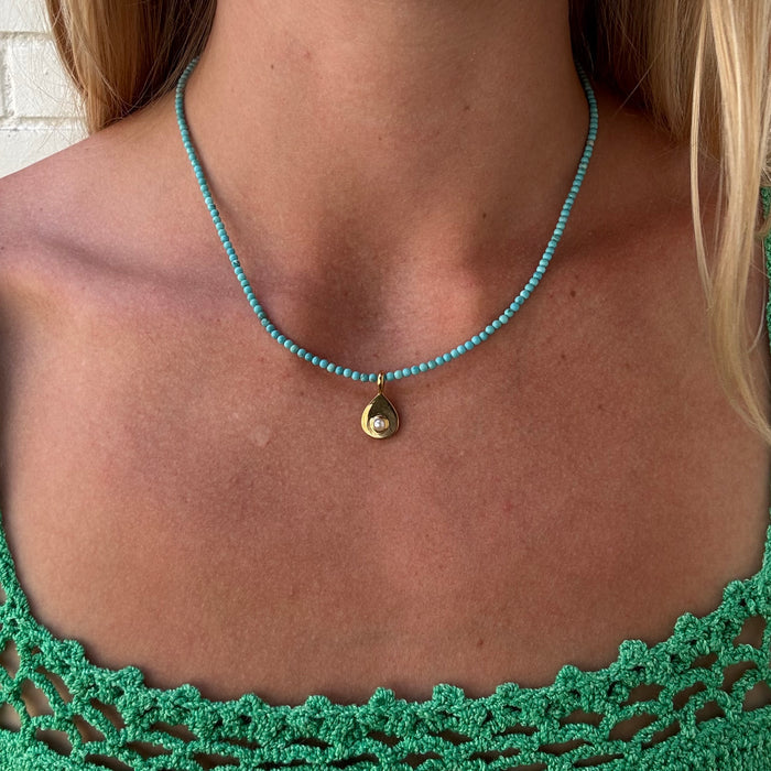 Turquoise Beaded & Pearl Teardrop Pendant Necklace