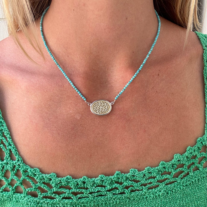 Turquoise Beaded & Two Tone Pendant Necklace D