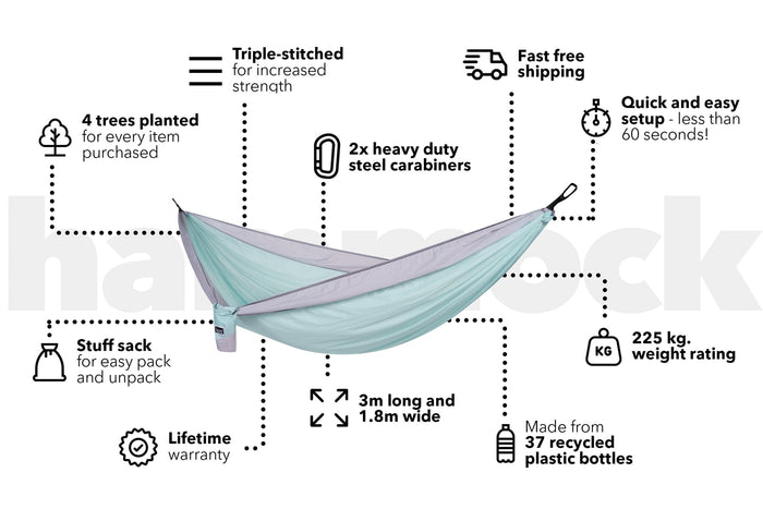 Twilight Blue recycled hammock with purple straps, shown suspended with product features labeled.