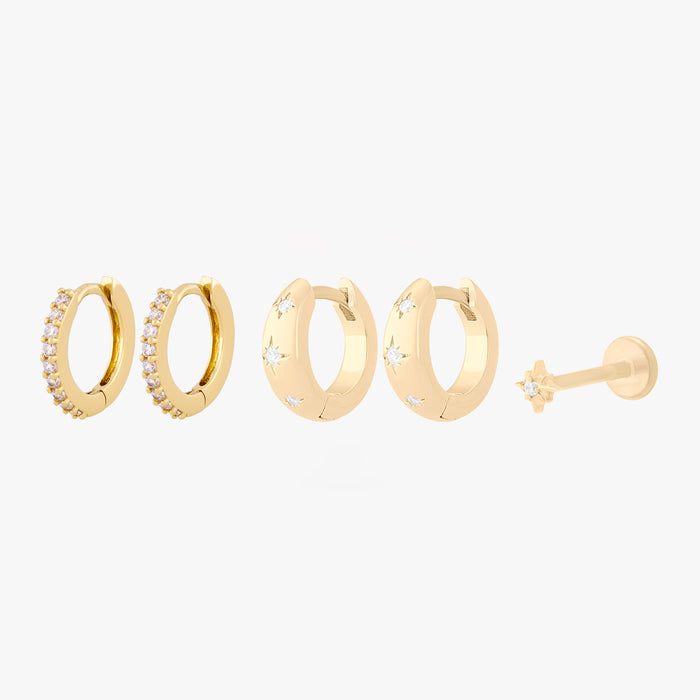 This Twinkle Starter Set has 2 chunky twinkle huggies, 2 mini pave huggies, and one micro twinkle flatback stud. These styles are all gold toned with clear CZ stone accents.