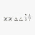 This image shows a set of three pair of  silver plated flatback studs. The set contains a clear cz stone stud, a trinity ball stud and a marquise stud with a clear cz stone.