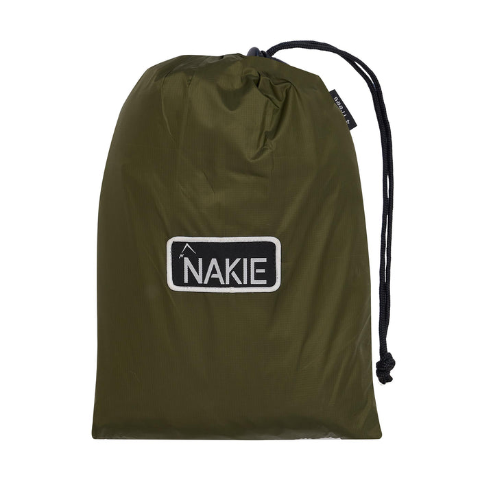 Olive drawstring stuff sack with black cord and NAKIE logo patch