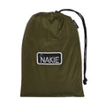 Olive drawstring stuff sack with black cord and NAKIE logo patch