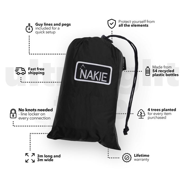 Black ultralight tarp with white NAKIE logo and drawstring bag, shown with setup guide callouts