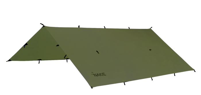 Olive green ultralight tarp with black corner attachment loops and guy lines, viewed from above at an angle.