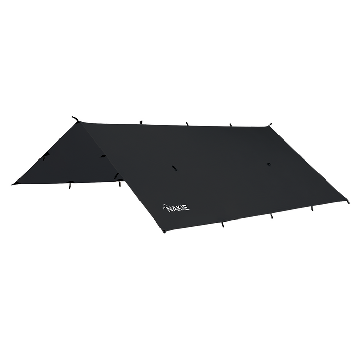 Black ultralight tarp with attachment points, angled view showing trapezoidal shape and corner loops