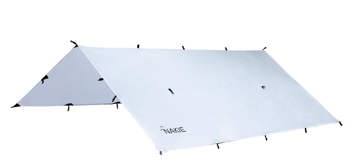 Light blue ultralight tarp with black attachment points and Nakie branding, shown from above angled view.