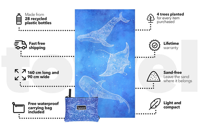 Blue beach towel with white line-art manta rays and whales design, displayed with matching waterproof carrying bag
