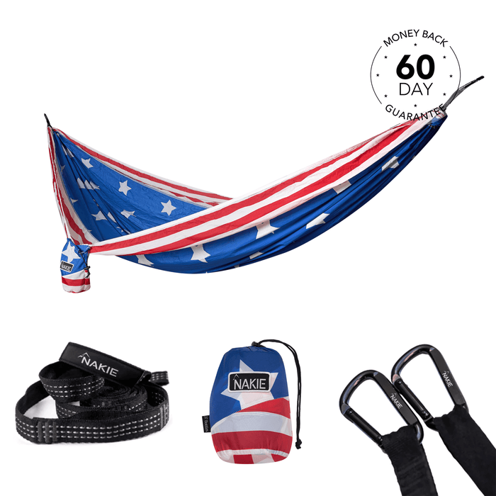 USA flag-patterned recycled hammock with straps, carabiners, and carrying bag included