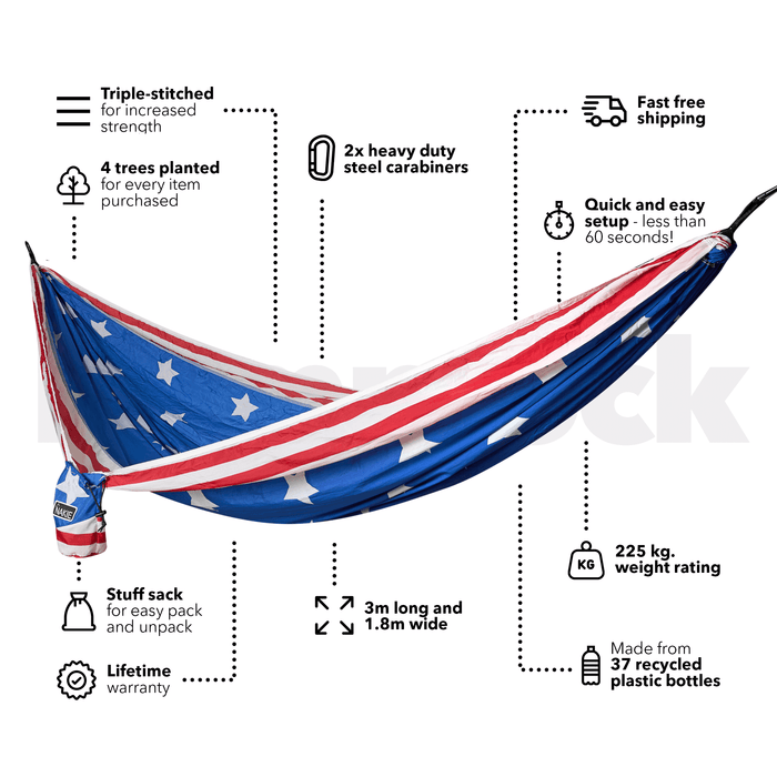 American flag patterned recycled hammock with red and blue stripes, displayed with carrying sack and steel carabiners