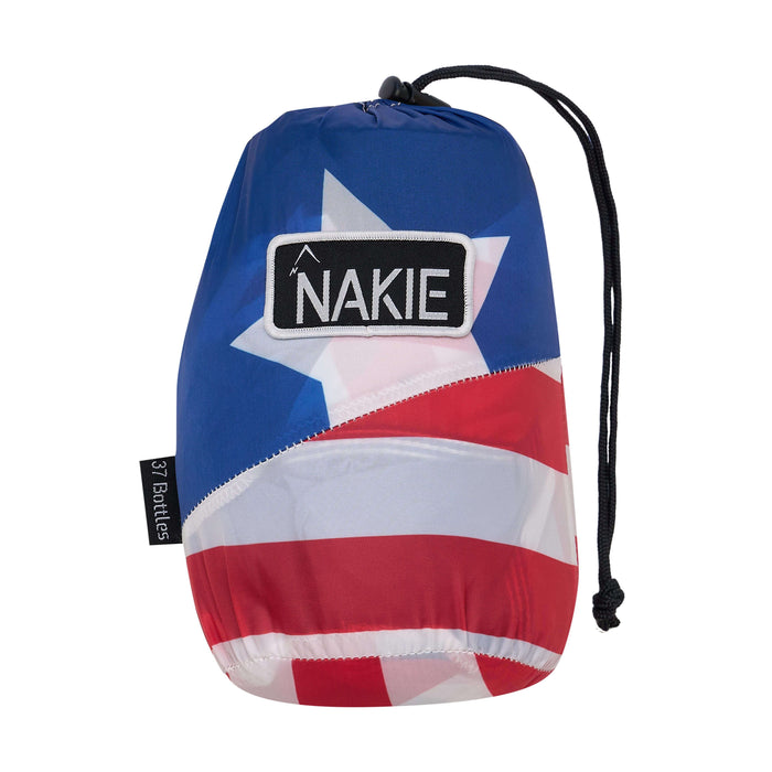 Nakie recycled hammock with blue, red, and white star and stripe design, black drawstring straps