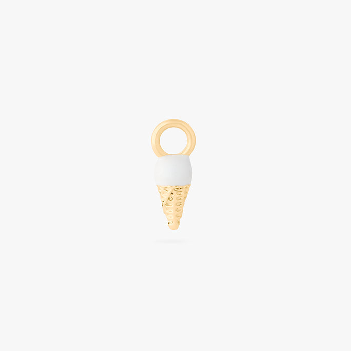 This is an image of a gold earring charm in the shape of an ice cream cone with white and tan enameling. color:null|gold