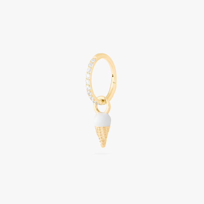 This is an image of a gold earring charm in the shape of an ice cream cone with white and tan enameling. color:null|gold