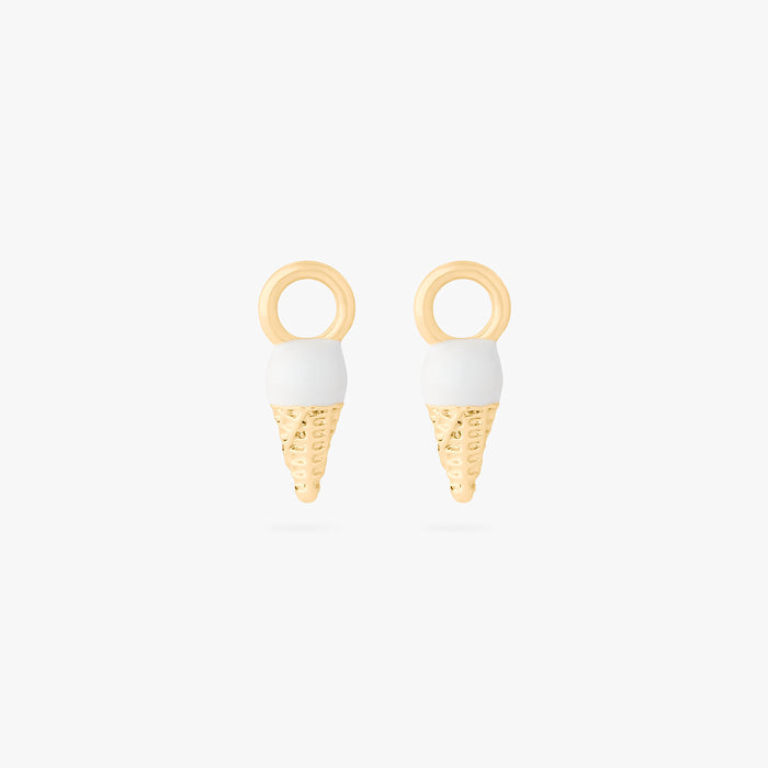 This is an image of a pair of gold earring charms in the shape of ice cream cones with white and tan enameling. [pair] color:null|gold