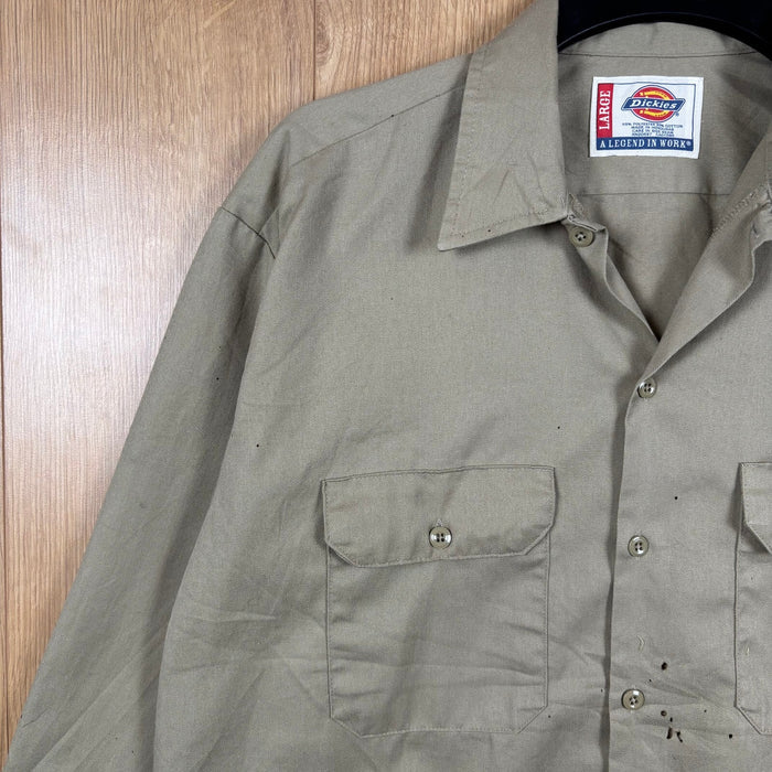 Vintage Dickies Work Shirt Khaki Beige Long Sleeve Button Up Large