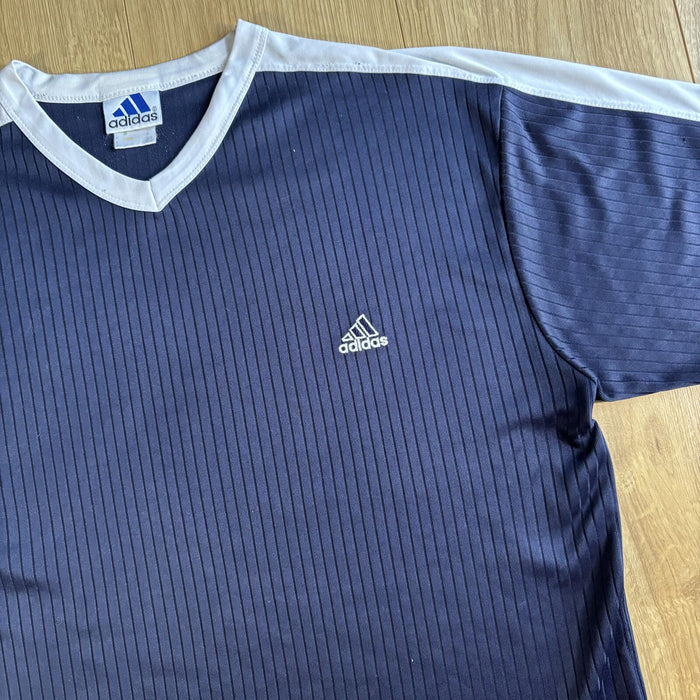 Vintage Adidas Ribbed Football Jersey Navy Blue White V Neck Tee