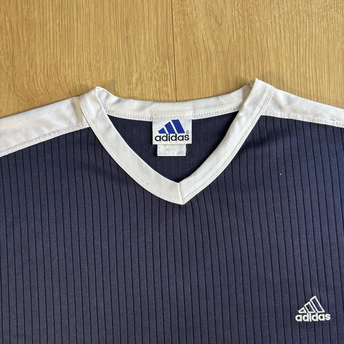 Vintage Adidas Ribbed Football Jersey Navy Blue White V Neck Tee