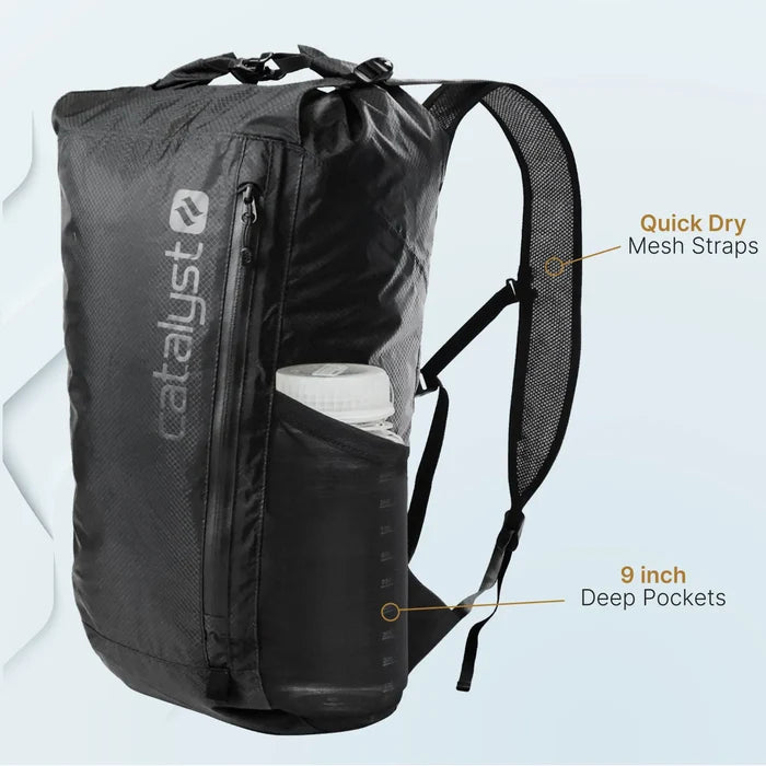 The Catalyst Case US Waterproof 20L Backpack in black features quick-dry mesh shoulder straps and a 9-inch deep side pocket (shown holding a large white water bottle) against a light blue background. Labels highlight its key features.