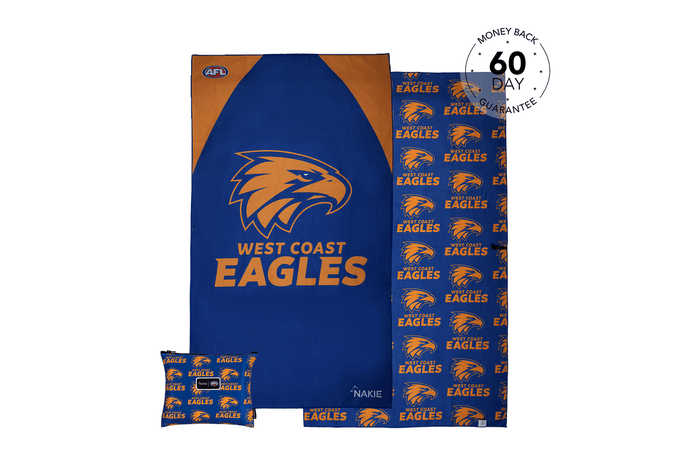 West Coast Eagles beach towel in navy blue with orange eagle logo and repeating pattern, displayed flat with matching pillowc