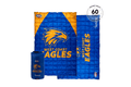 West Coast Eagles blue and gold quilted puffy blanket with eagle logo and team text, shown with matching stuff sack.