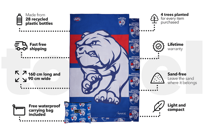 Western Bulldogs beach towel in blue and red with large bulldog logo, 160cm x 90cm, made from recycled plastic bottles, sand-