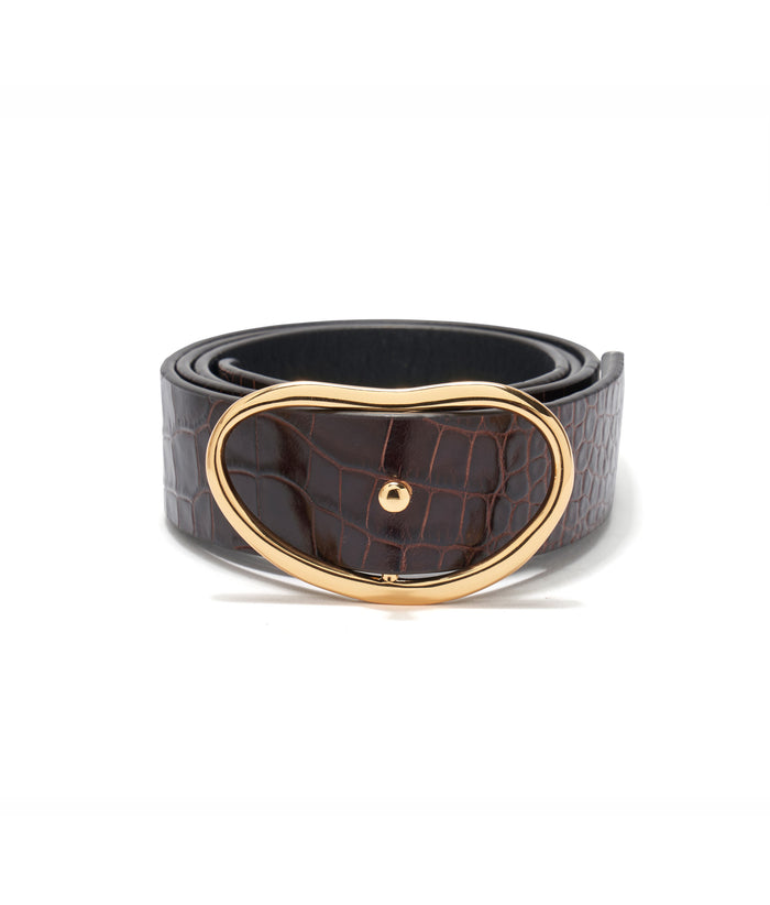 Wide Georgia Belt in Brown Croc. Brown embossed leather with gold kidney-shaped buckle.
