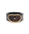 Wide Georgia Belt in Brown Croc. Brown embossed leather with gold kidney-shaped buckle.