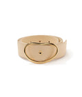 Wide Georgia Belt in Butter. In wide light cream leather with gold kidney-shaped buckle.