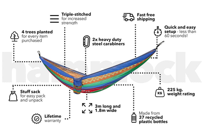 Colorful recycled hammock with blue, green, orange, and red striped fabric, steel carabiners, and carrying straps.