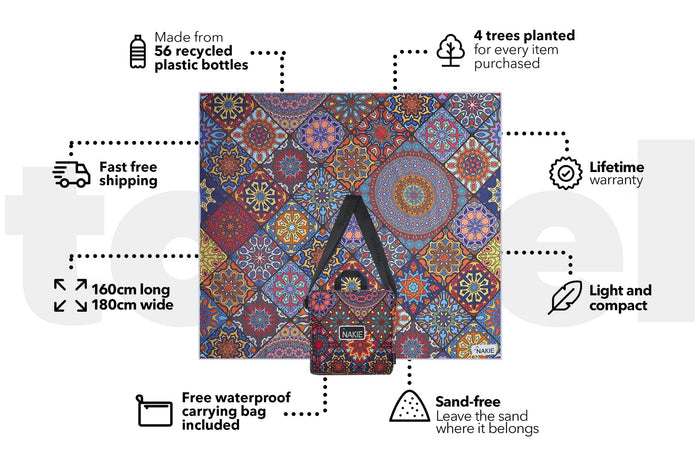 XL recycled beach blanket in multicoloured mandala pattern, 160cm x 180cm, with black carrying bag