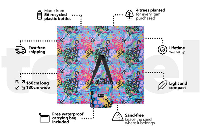 Colorful rainbow patterned XL beach towel with black handles