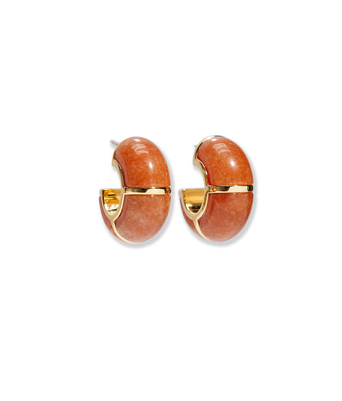 Zellige Hoops in Peach Aventurine. Pair of gold-plated hoop earrings with orange stone inlay